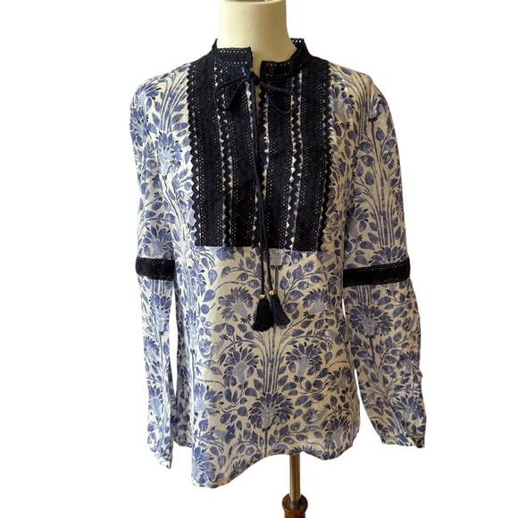 TORY BURCH TOP FLORAL EMBROIDERED TIE TASSEL PEASANT COTTON BOHEMIAN ARTSY 6 - Picture 1 of 11